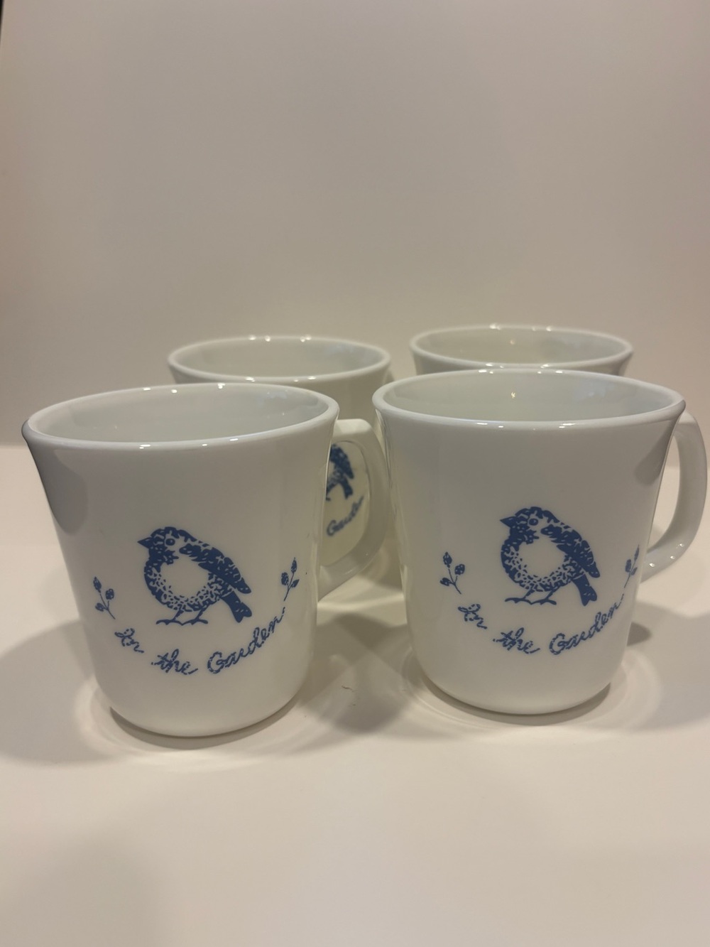 VTG Corningware Corelle White Mugs with Blue Bird In the Garden set of 4